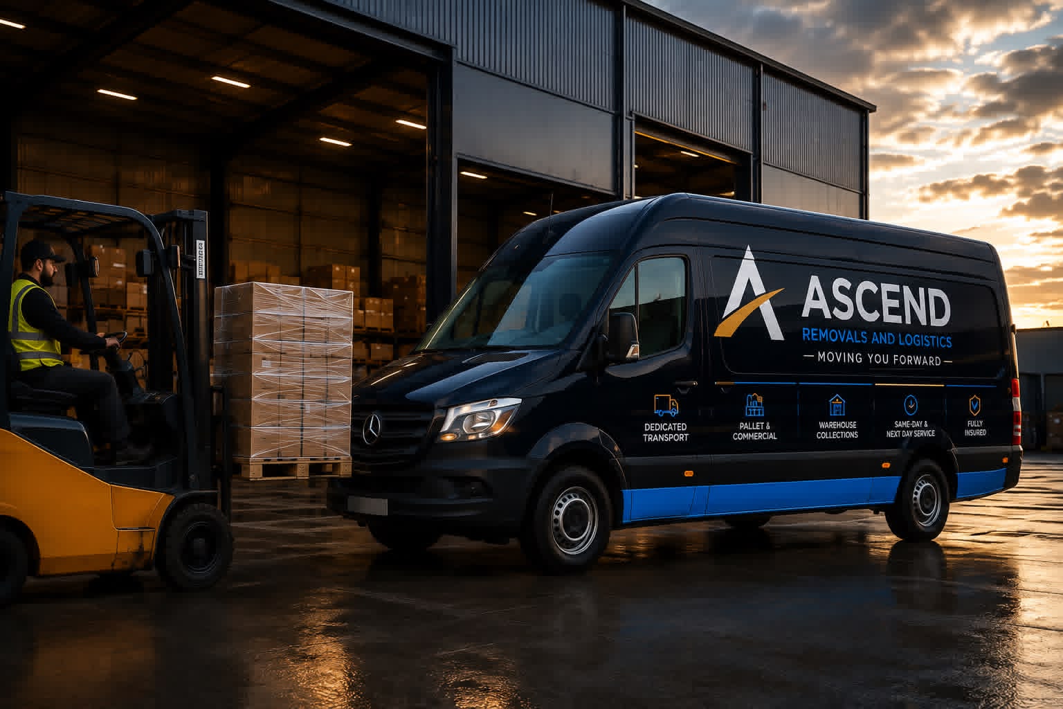 Ascend Removals & Logistics branded Sprinter at warehouse loading dock