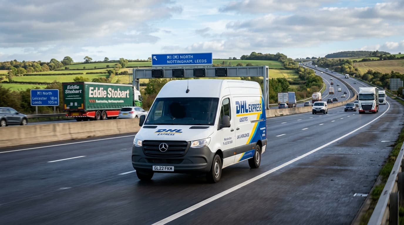 Ascend Removals & Logistics Mercedes cargo van on UK motorway road in England